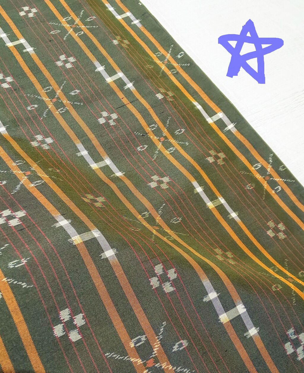 本場琉球 沖縄県 八重山ミンサー 半幅帯♪ 藍染 手織 絣縞模様 グリーン 八重山ミンサー 南国の風薫るジャパンブルー｜着物セレクト専門