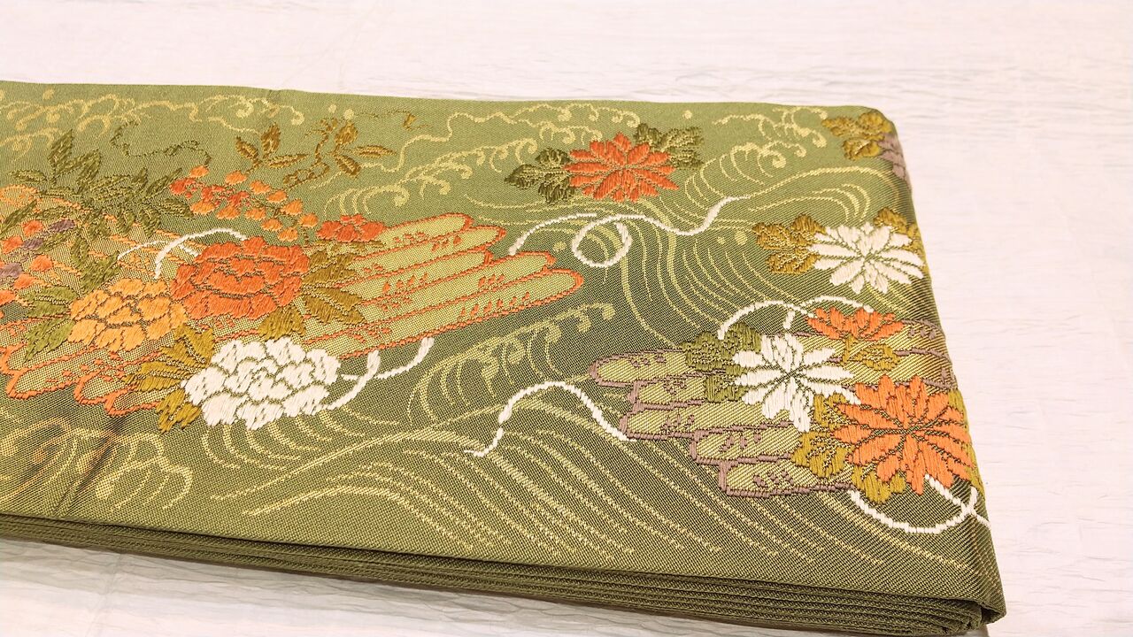 【帯】アンティーク 半幅帯 正絹 金糸 古典柄