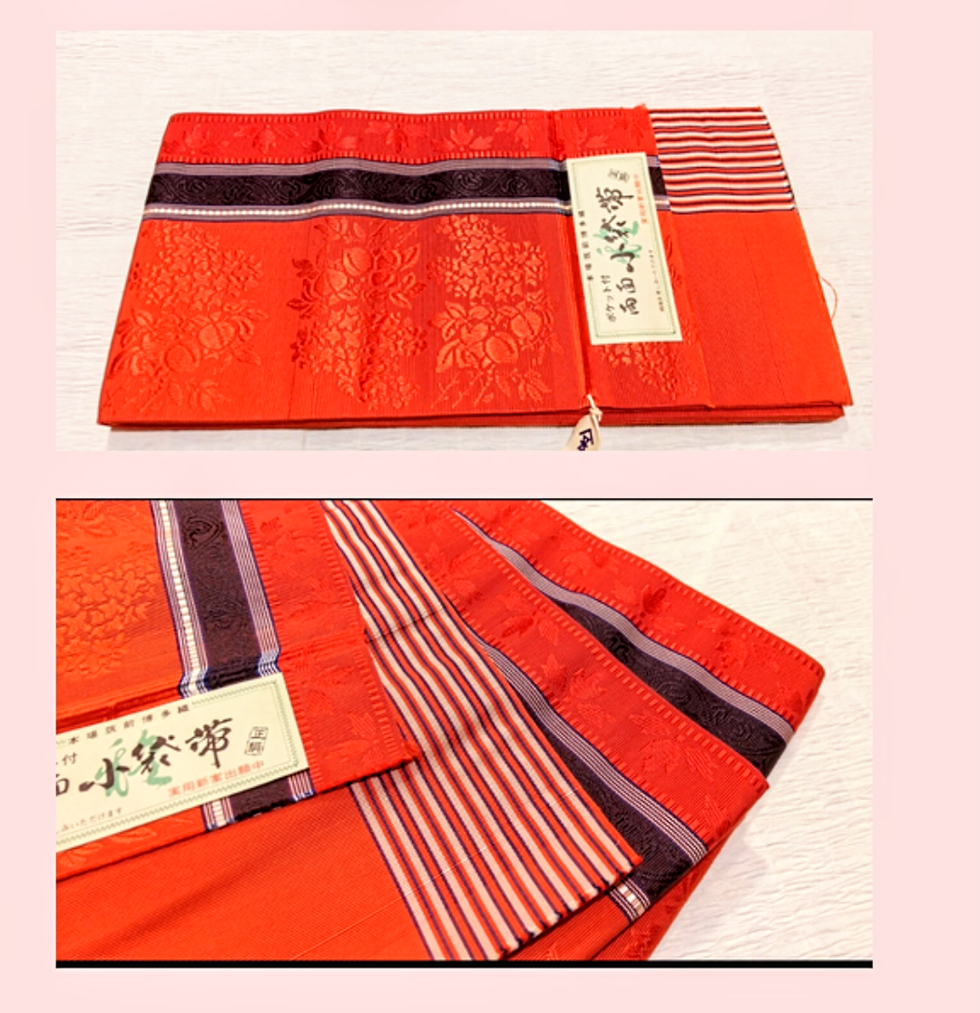 撫松庵 浴衣(金魚柄) レース半衿 帯 3点セット 撫松庵 セオα浴衣 縞に金魚～黒レース・博多織の朱色の桃柄 半幅