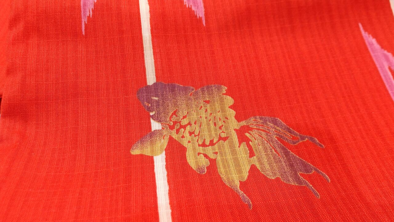 ANNA SUI ポリ浴衣 矢羽根に金魚～花薬玉と矢羽根柄の半幅帯 