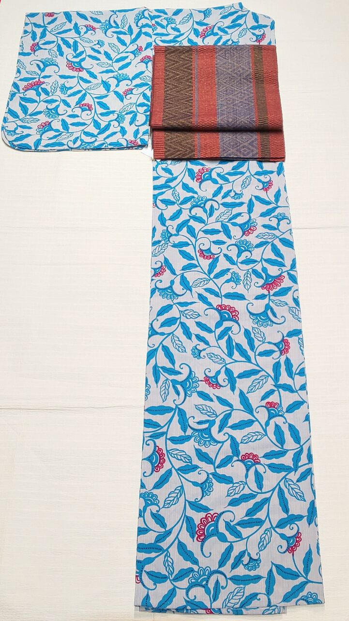 古今 セオa浴衣 唐草花 半幅帯と名古屋帯 ぶどうの木の小りす