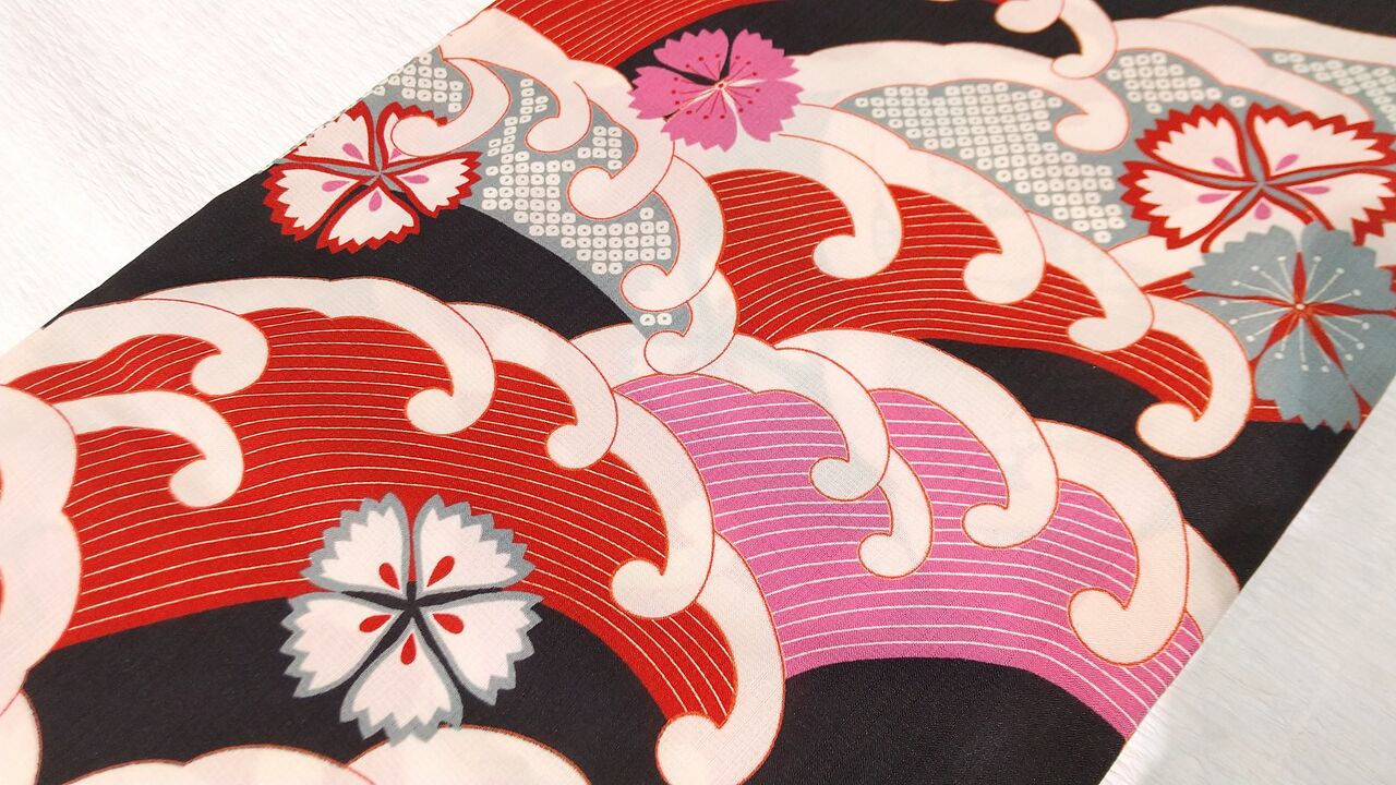 撫松庵 セオα浴衣 波に撫子～淡い水色のふくれ織りの半幅帯～ : ぶどう 