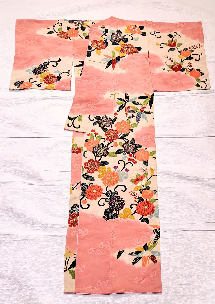 大正ロマン アンティーク訪問着 美しい刺繍〜花薬玉と鳳凰柄の丸帯