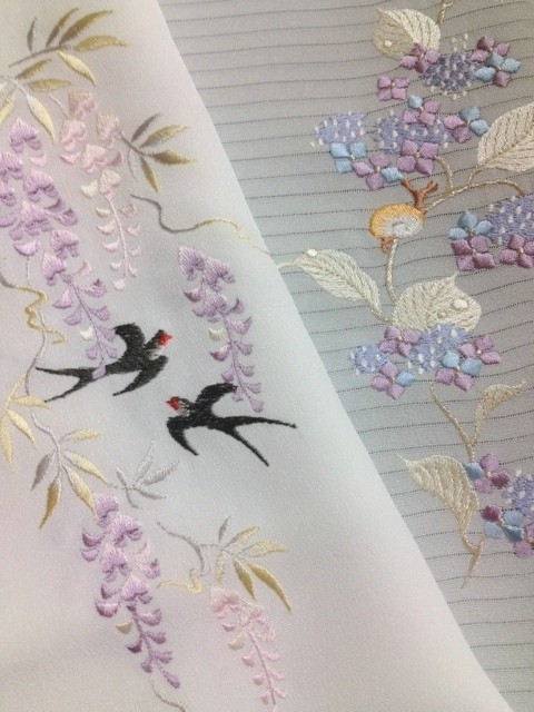 紫陽花に舞う黒アゲハが素敵な絽縮緬の半衿 しょっぱ