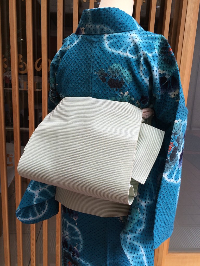 孔雀青色絞り浴衣と無地絽綴名古屋帯 : きもの な か む ら
