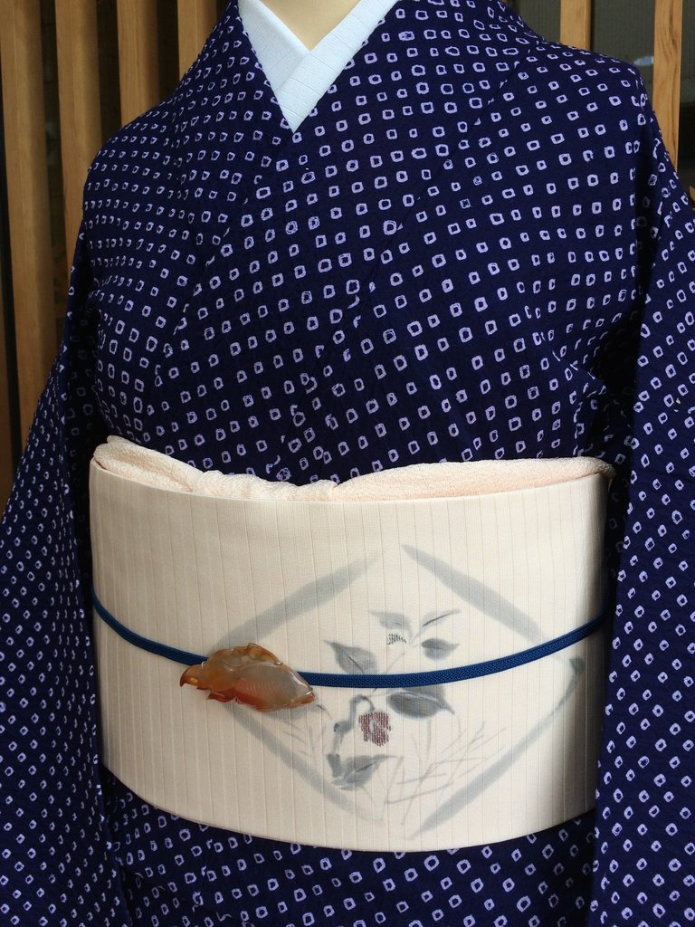紺色絞り浴衣と淡桃色花文手描絽名古屋帯 : きもの な か む ら