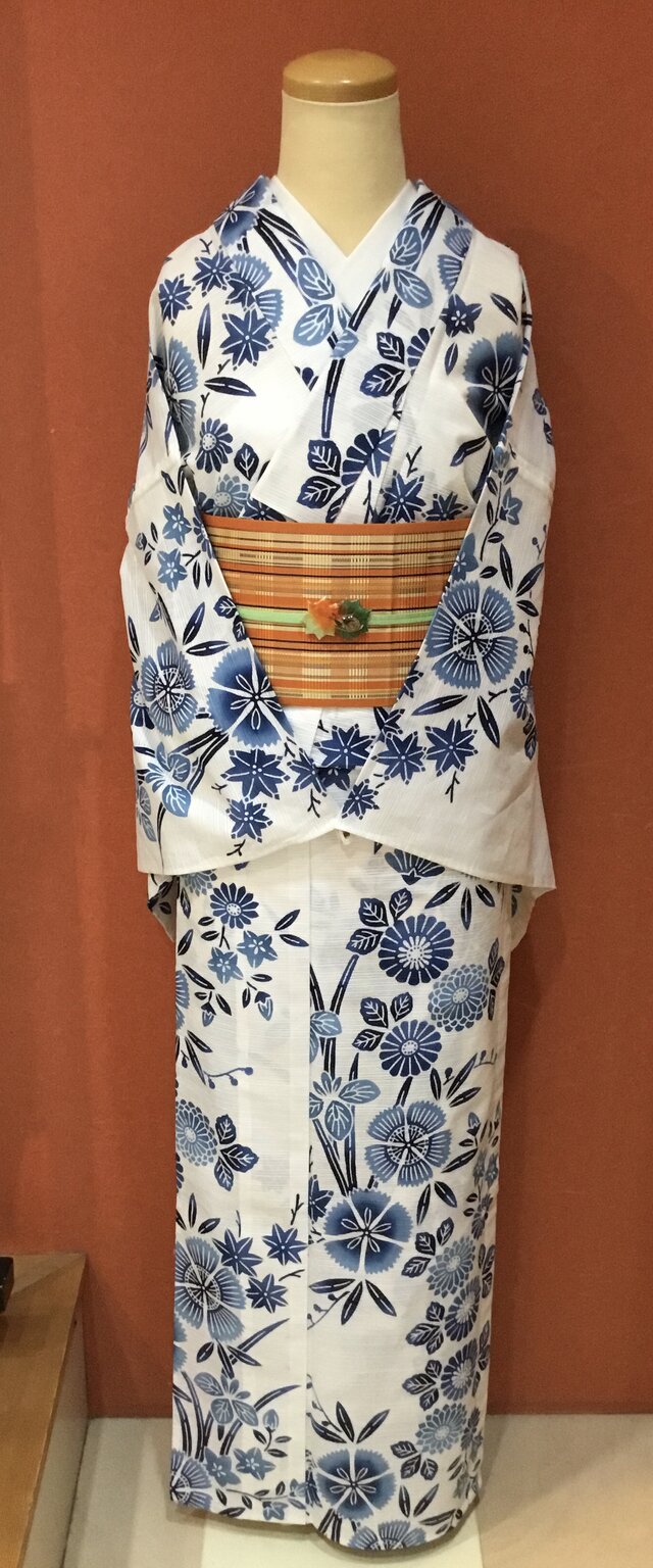 綿絽浴衣斜め格子に花白地