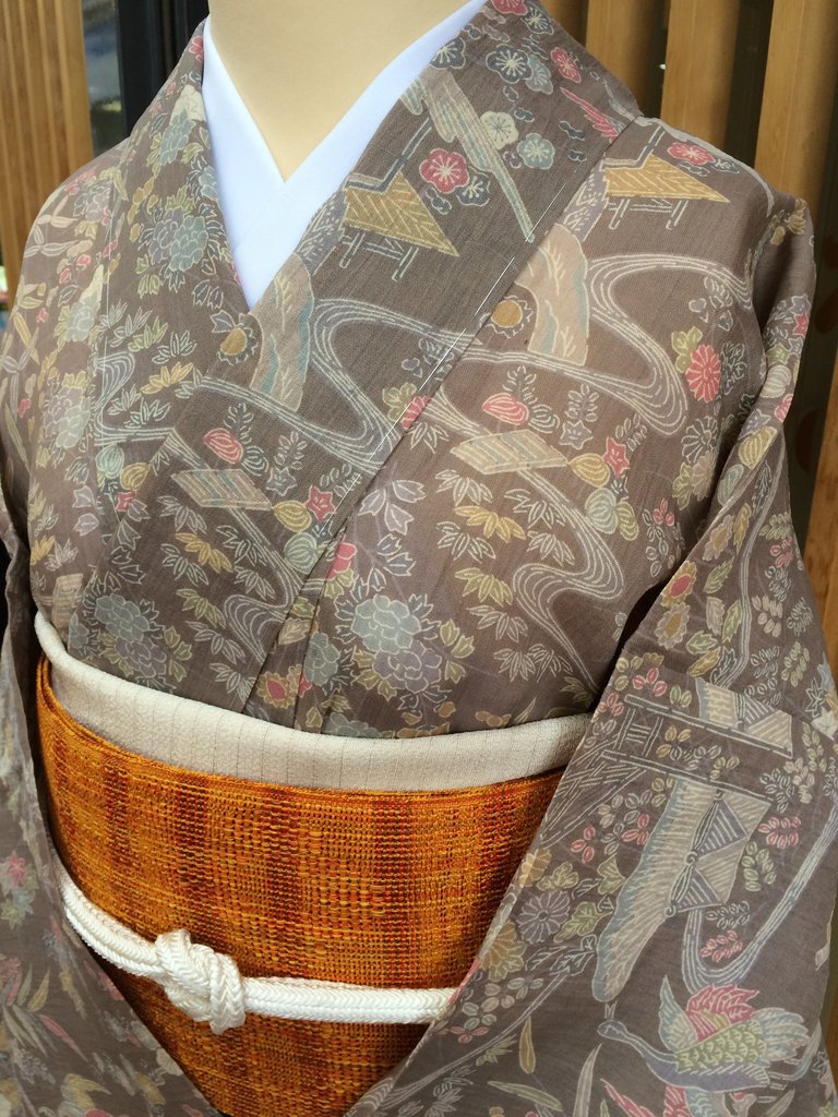 かりん アンティーク 小千谷縮？可愛らしい柄 小紋 身丈144cm:ボタニカルピンクの小紋柄 | casual Kimono 千梛
