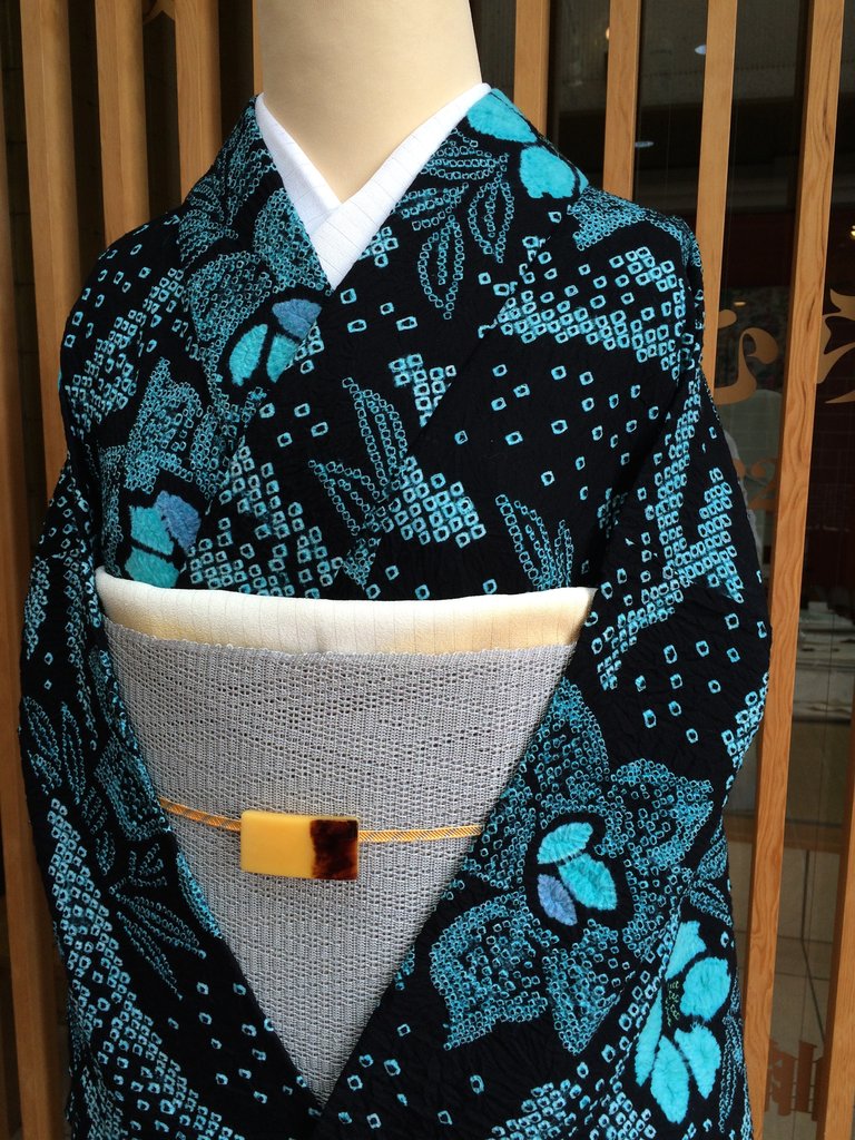 水浅葱色花絞り浴衣と薄グレー地レース名古屋帯 : きもの な か む ら