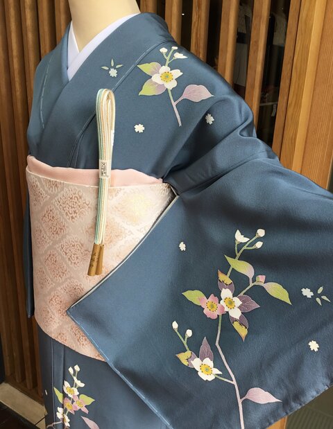 加賀友禅　訪問着　百貫達雄 作　落款　枝花文　５点セット　袋帯　帯揚げ帯締め　青 加賀友禅 訪問着 百貫達雄 作 落款 枝花文 5点セット 袋帯