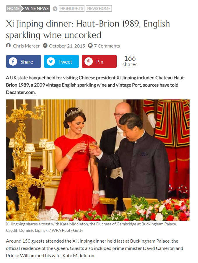 Xi Jinping dinner  Haut Brion 1989  English sparkling wine