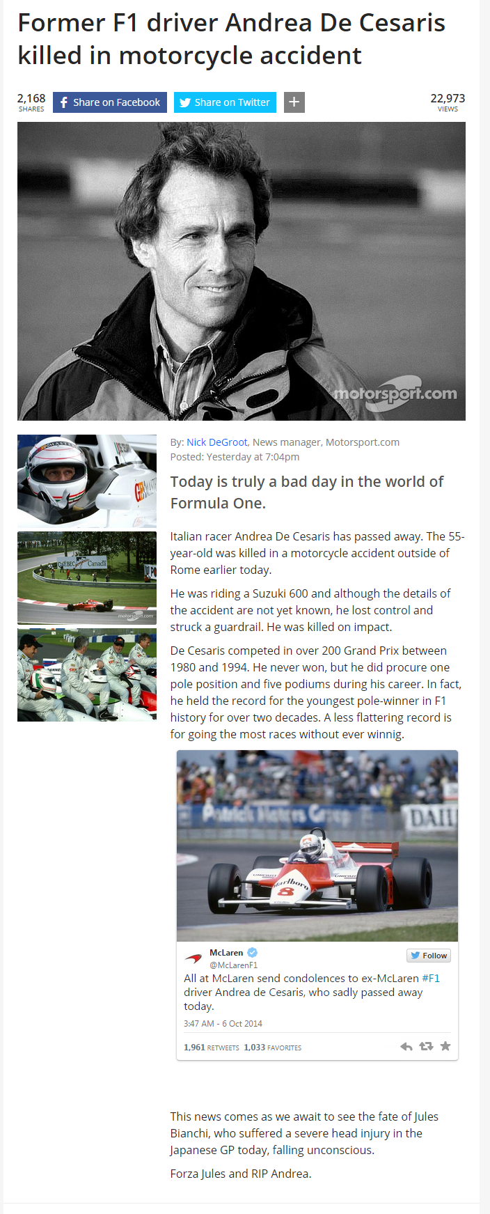 Former F1 driver Andrea De Cesaris killed in motorcycle accident