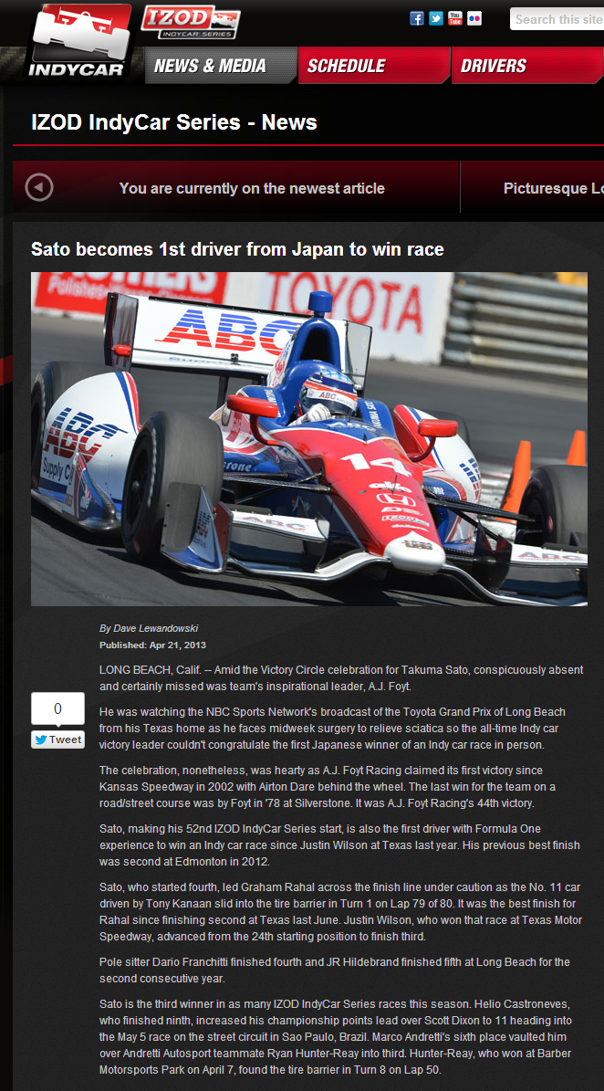 Sato becomes 1st driver from Japan to win race