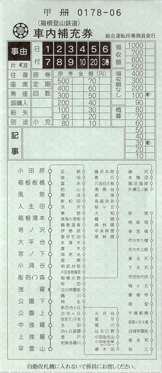 箱根登山鉄道 車内補充券 : きっぷうりば。~3代目の新駅舎より~ 箱根登山鉄道 車内補充券 : きっぷうりば。~3代目の新駅舎より~