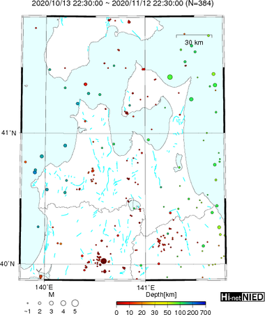 青森県 最新30日間 の震央分布図EXP02