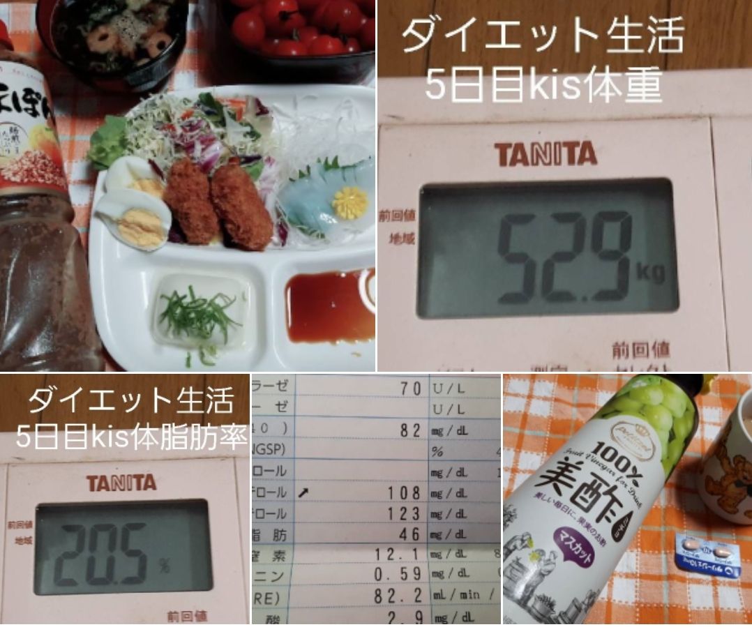 晩ごはん ダイエット生活5日目 美酢 韓国の酢 スプーン一杯 めちゃめちゃ飲みやすいお酢 イカ刺身 サラダ カキフライ 市販品オンパレード 奈良 天理 唐古鍵 でヨガ 奈良歪み矯正ヨガ教室 奈良 天理 葛城 唐古鍵でフラダンス 奈良のんびり初級フラダンス教室