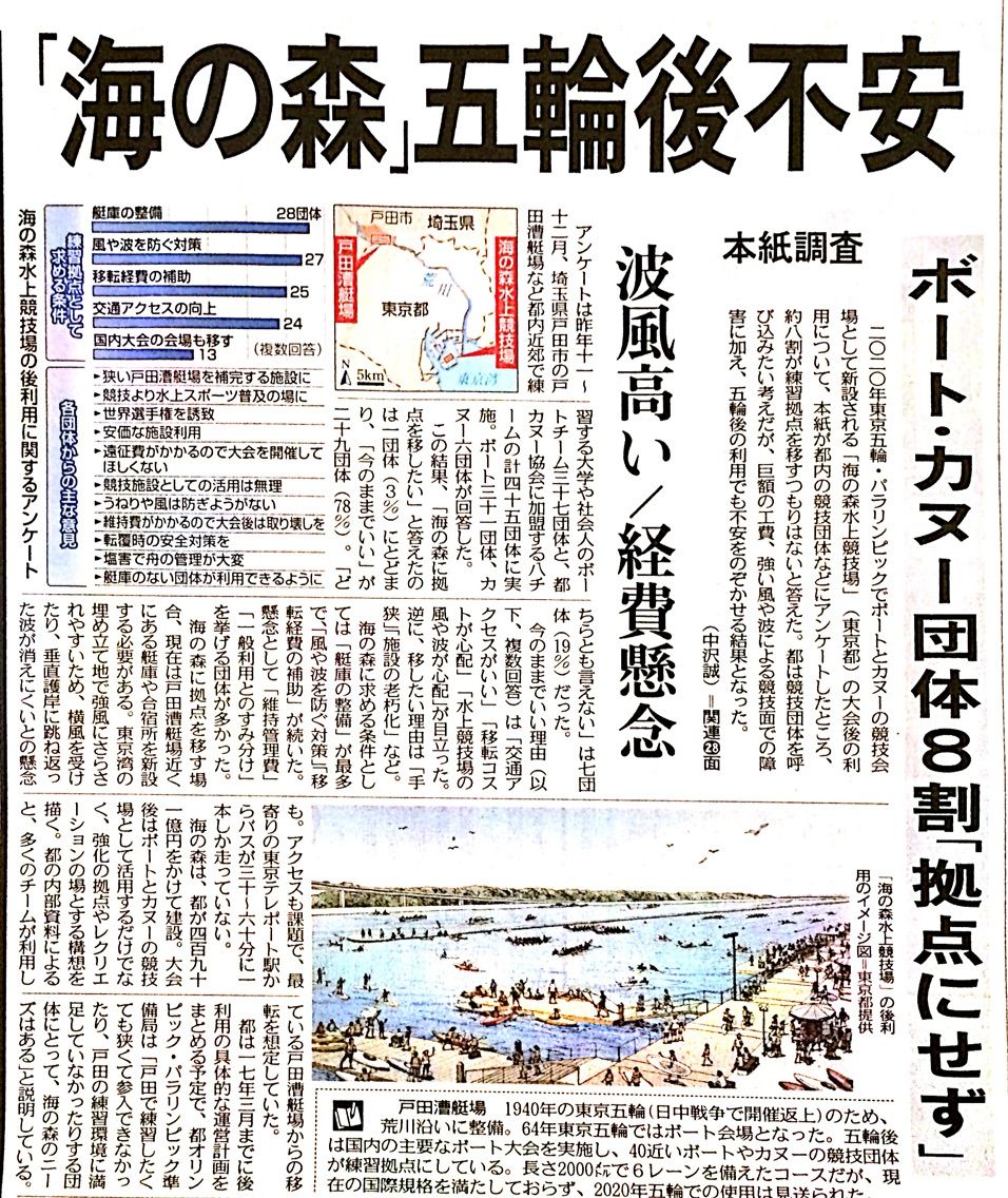 東京新聞 海の森 五輪後不安 ボート カヌー団体8割 拠点にせず 波風高い 経費懸念 本紙調査 戸田市に住むと楽しいな 東京新聞 海の森 五輪後不安 ボート カヌー団体8割 拠点にせず 波風高い 経費懸念 本紙調査 戸田市に住むと楽しいな