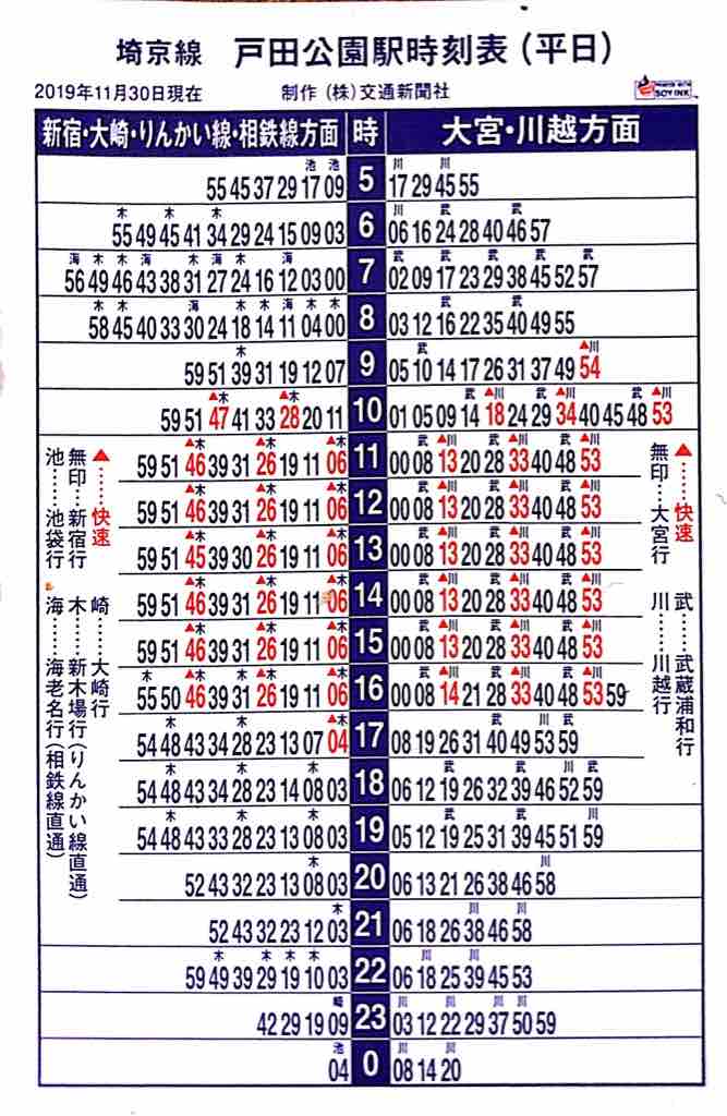 Jr東日本 11月30日 土曜日 にダイヤ改正 戸田市内の埼京線各駅には平日午前7時台 8時台に相鉄線と相互接続する海老名行電車が計6本走ります まずは戸田公園駅 時刻表をどうぞ 戸田市に住むと楽しいな