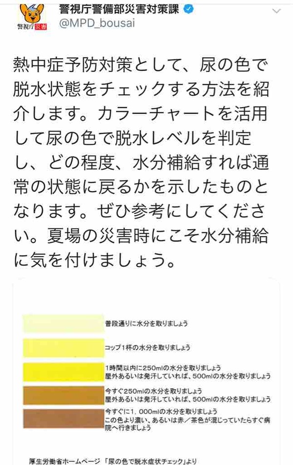 食事中の方 ごめんなさい 尿の色で脱水状態がわかります もしかして熱中症になりかけ と思った場合は 手のひらを冷やす が有効です どうぞ熱中症にお気をつけください 戸田市に住むと楽しいな