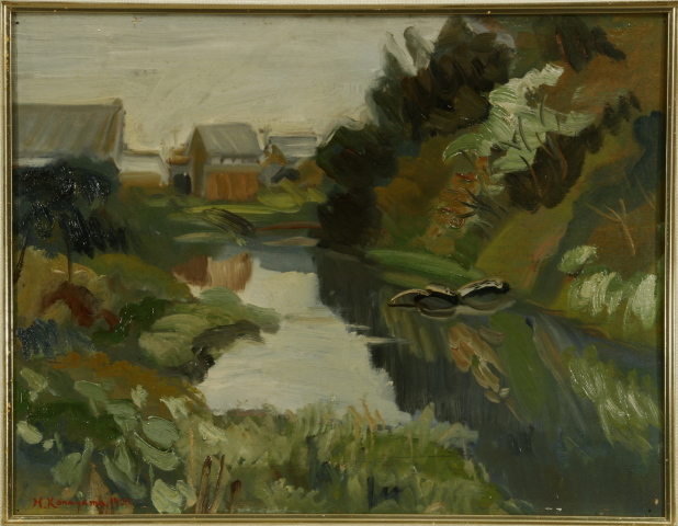 26-56：金山平三 油彩河のある初夏画額 : 骨董・古美術品オークション