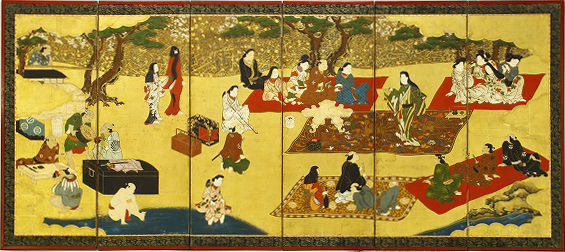 風俗画屏風 桜下遊興図 中形六曲一隻 : 骨董・古美術品