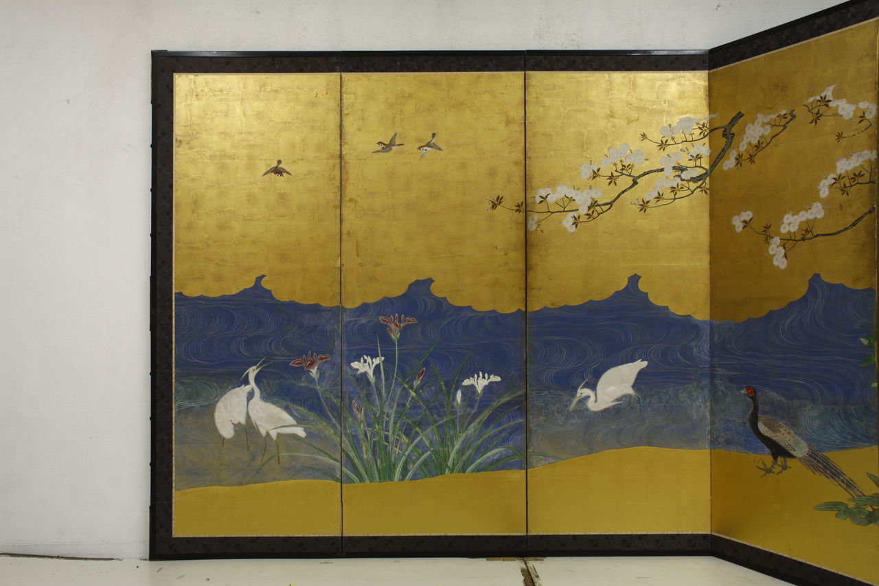 大学 割引 六曲金屏風 衝立 骨董 書 古美術品 屏風 六曲一双 時代表具 建具