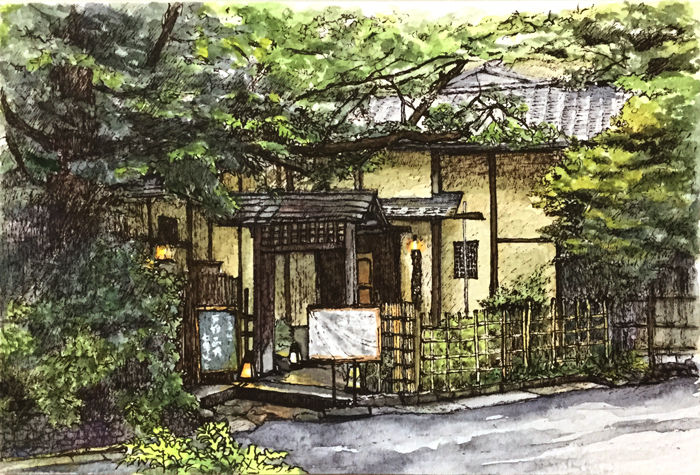 今週のドローイング 上野公園内 韻松亭 入り口 ハガキサイズ ボールペン淡彩 こいふみのスケッチブック Macbook