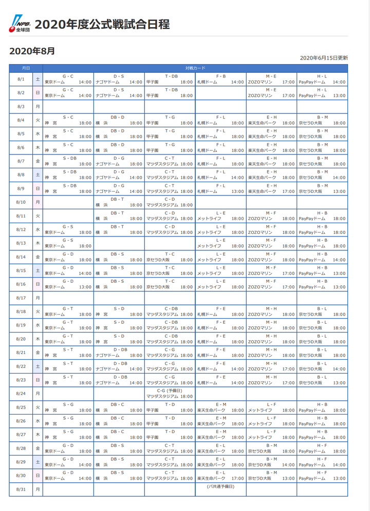 2020年公式戦8月