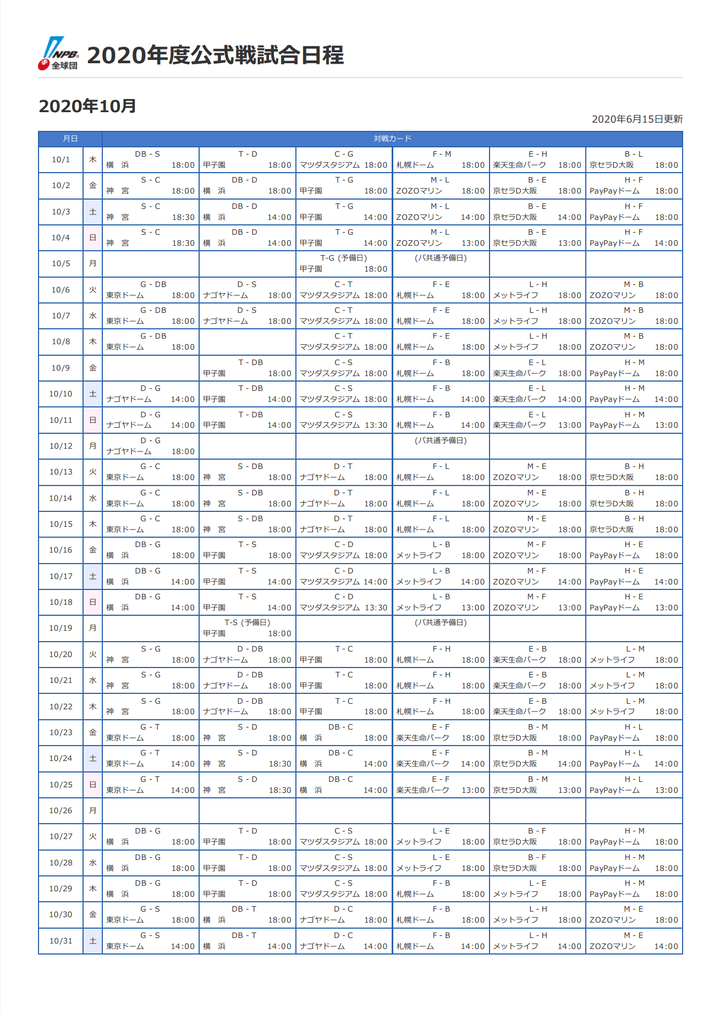 2020年公式戦10月