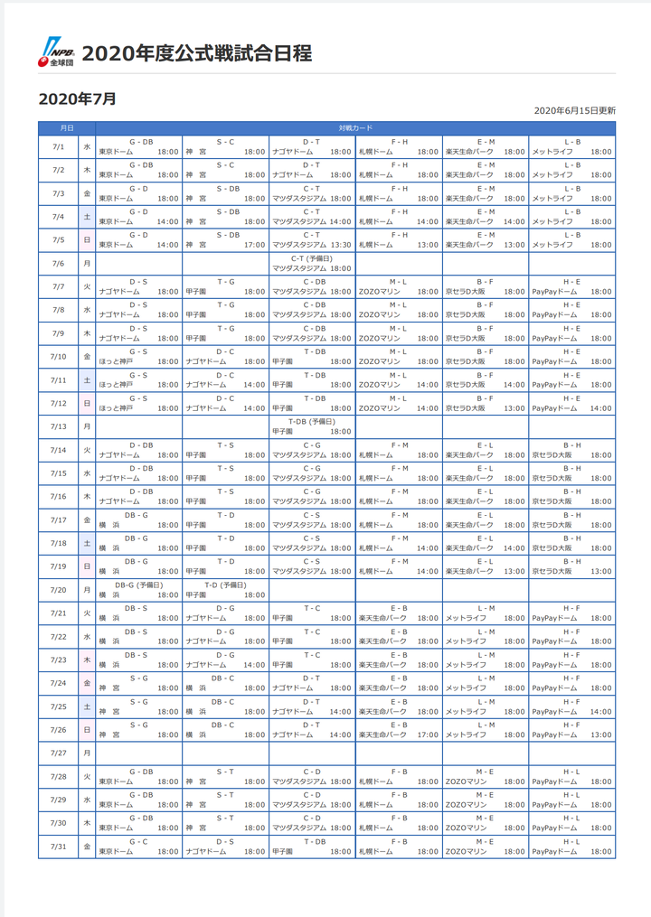 2020年公式戦7月