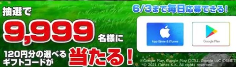 選べるギフトコード1円分がその場の抽選で9999名に当たる 6 3まで 選べるギフトコード1円分がその場の抽選で9999名に当たる 6 3まで