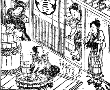 Tokaidochu_Hizakurige_5a_pp13-14_Edo_Nagaya_housewives_gossip