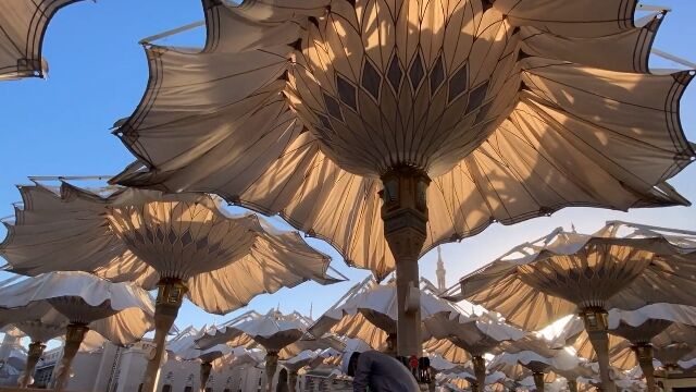 イスラム教の第二の聖地「預言者のモスク」にて、強烈な日差しから巡礼者たちを守る自動開閉式の大きな傘