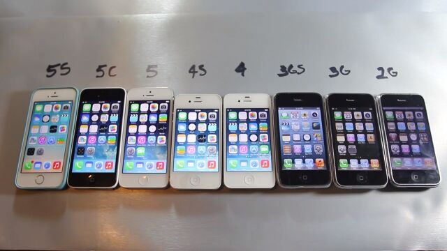 【性能比較】iPhone 5s、5c、5、4s、4、3GS、3G、2Gを並べて性能を比較してみた<br>
