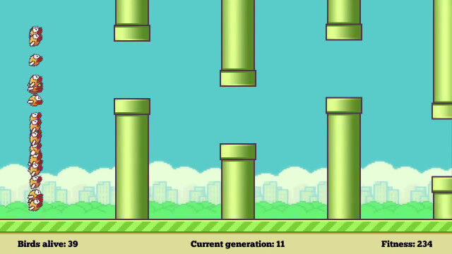 遺伝的アルゴリズムを用いたニューラルネットワークにシンプルゲーム「Flappy Bird」を学習させてみた