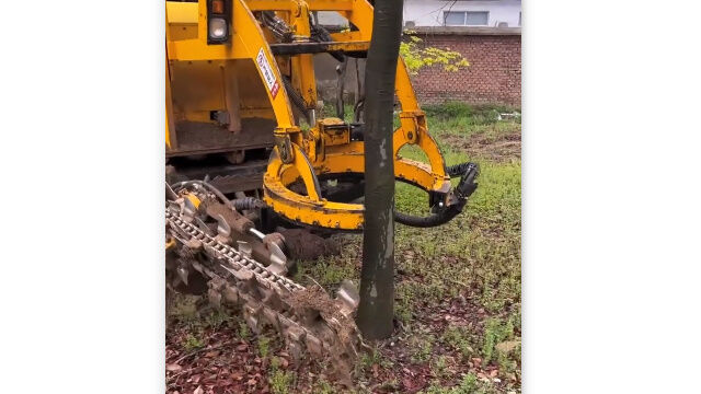チェーンソーで地面も根っこも根こそぎ切り裂くタイプの重機