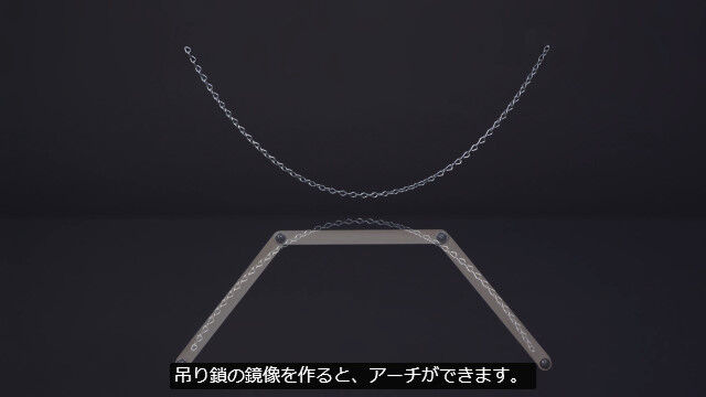 アーチ構造とチェーンの関係を解説した映像が興味深い