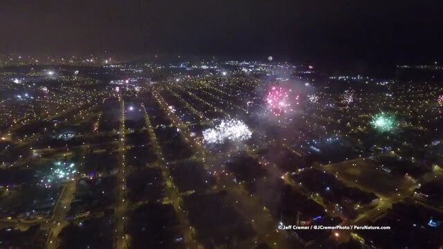 街中みんなが花火を打ち上げる、ペルー、リマの新年を空撮