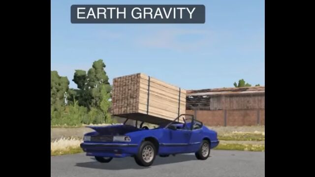 地球、火星、月、冥王星。さまざまな星の重力下で車に木材を落としてみるシミュレーション