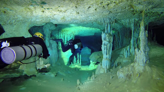 鍾乳石が生えた水中洞窟が神秘的で美しい。メキシコの聖なる泉、セノーテに潜るケイブ・ダイビング