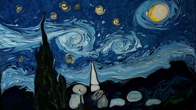 これはすごい!水の上にマーブリングで描いた、ゴッホの星月夜と自画像