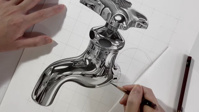 鉛筆で描いたとは思えない、ツヤツヤの金属光沢が美しい蛇口、腕時計など
