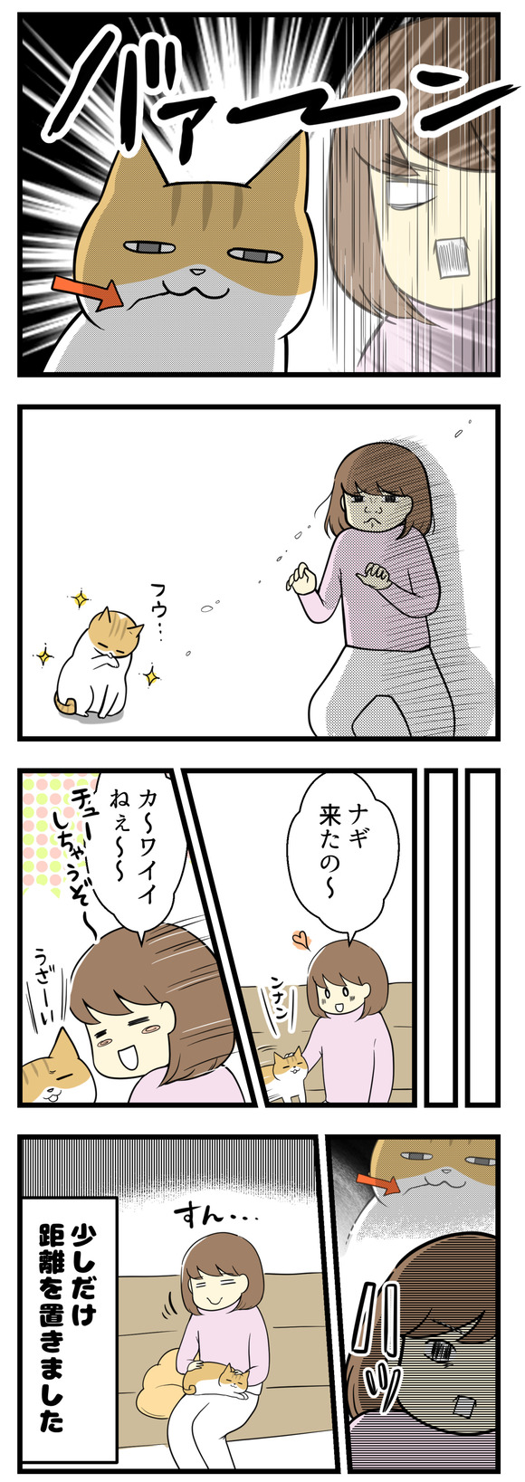 猫のナギの口から虫の足らしきものが!!その後時間が経ち、ナギが膝に乗ってきました。カワイイ~といつも通りナギの顔に近づこうとしたけれど、ハッと虫の足を口から出していたナギの様子が頭をよぎり、ちょっと距離を取りました。そんな出来事。