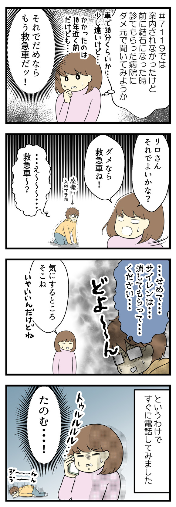 その時突然、こうめのシナプスがつながった!前に結石で診てもらった病院にダメ元で電話をかけてみるか!少し距離があるし、#7119でも特に案内されなかった病院なのですっかり失念していました。それでだめならもう救急車だ!リロさんにもそれでいいか確認してすぐに電話してみました。