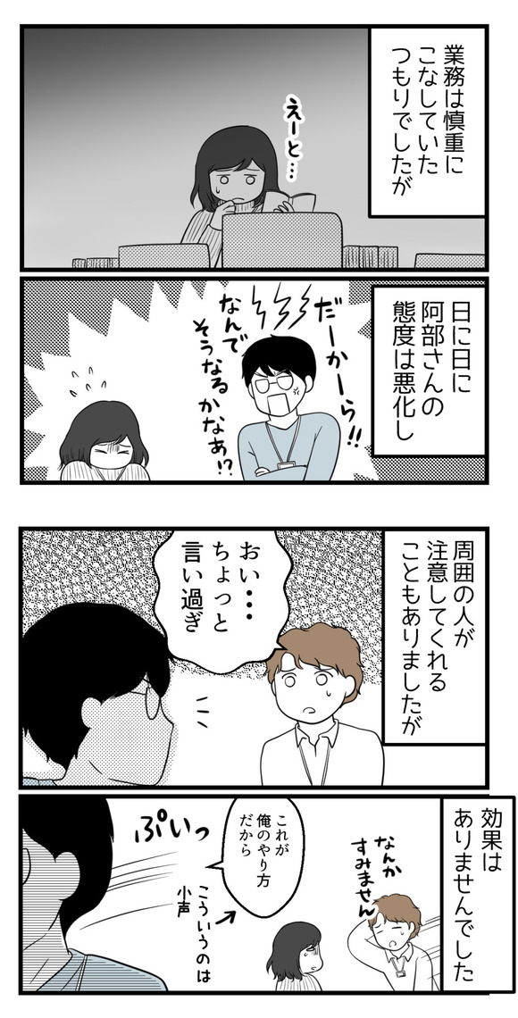 出向先で上司になった阿部さんに理不尽に怒鳴られてから、業務はさらに慎重にこなしていましたが、日に日に阿部さんの態度は悪化するばかり・・・