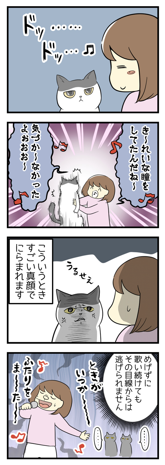 つい「何も言えなくて夏」をちょっと歌詞を変えて歌ってしまいます!でも近くで気持ちよく歌うと猫たちにすごくにらまれます。めげずに歌い続けていてもその厳しい目線からは逃れられません。