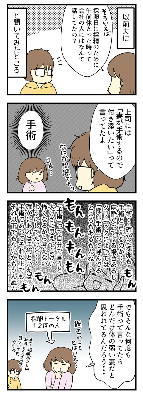 以前夫に「採卵日に午前休を取る時、会社にはどう伝えていたの？」と質問したことがあります。すると「妻が手術するので付き添いたい」と言っていたそうです。