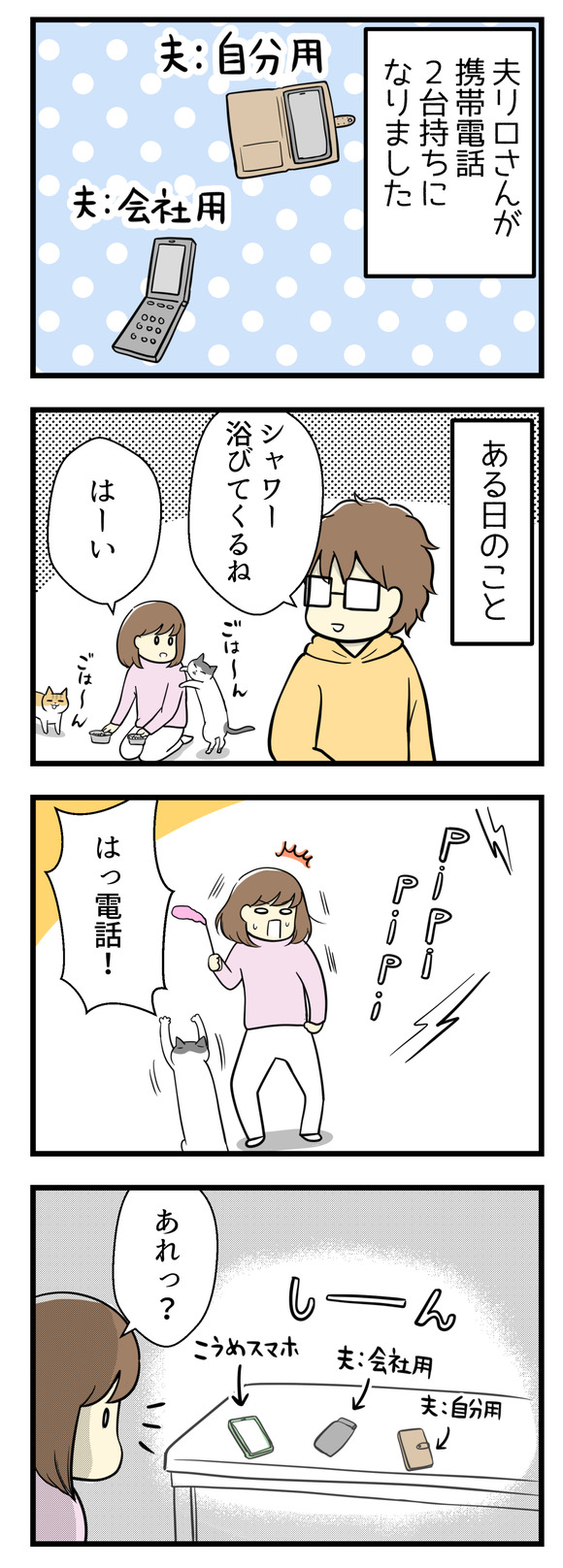夫のリロさんが携帯電話を2台(自分用と会社用)持つようになりました。ある日、リロさんがシャワーを浴びている間着信音が聞こえてきて電話の場所へ行ったところ、音の発信源はそこではありませんでした。