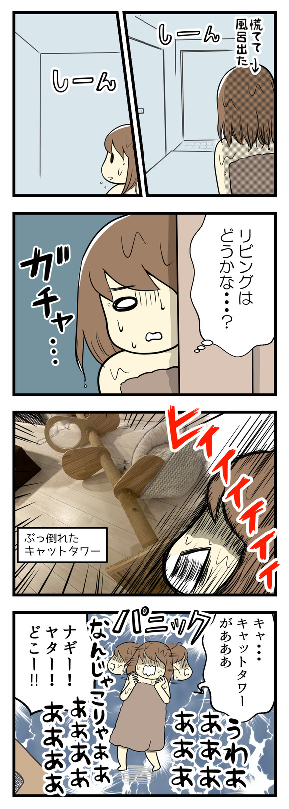 慌てて風呂を出てみたものの、静かです。そしてリビングへ行ってみると・・・キャットタワーが倒れていた!!慌てて猫たちを探したら・・・普段は入らないキャリーバッグの中に避難していました。驚かせてゴメン!!無事でよかった!