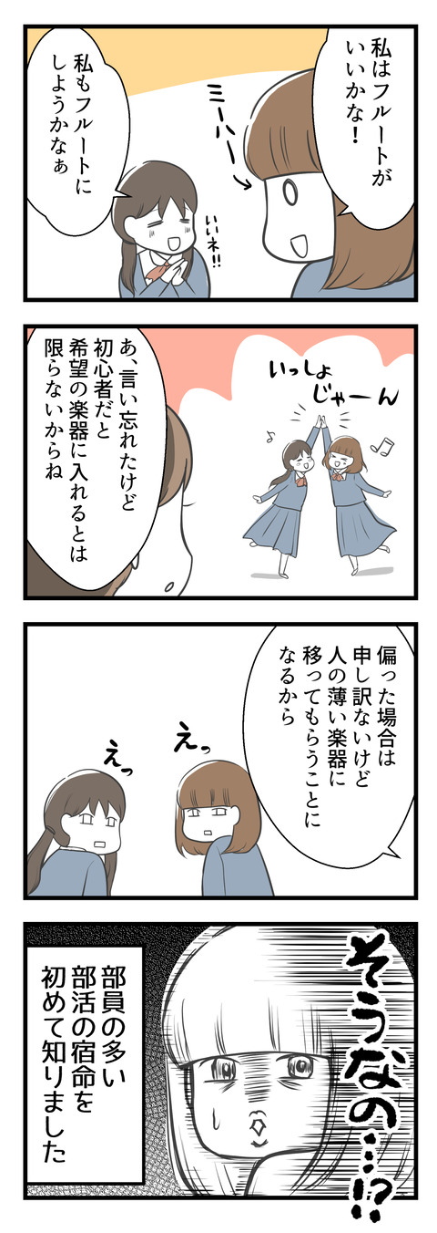 フルートがやってみたい!あやちゃんもフルート希望とのことでしたがそこで先輩が「初心者だと希望の楽器に入れるとは限らないから」と。人が偏った場合は申し訳ないけれど人の薄い楽器に移ってもらうから、とのこと。部員の多い部活の宿命を初めて知りました。